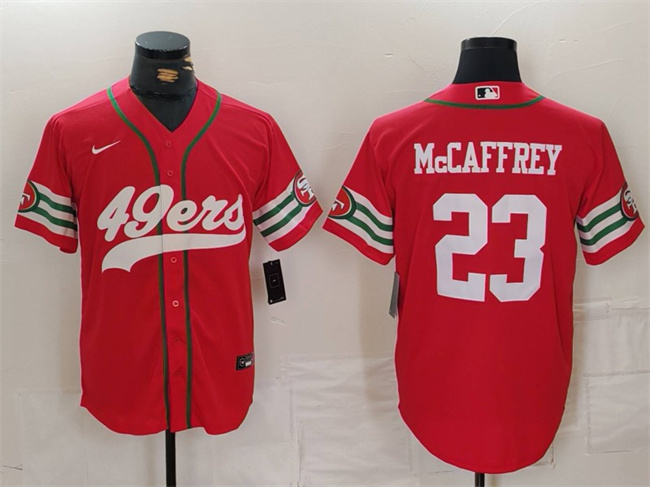 Men's San Francisco 49ers #23 Christian McCaffrey Red With Patch Cool Base Stitched Baseball Jersey Men's San Francisco 49ers #23 Christian McCaffrey Red With Patch Cool Base Stitched Baseball Jersey